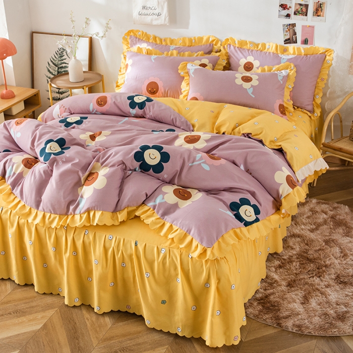 91家纺网 家纺一手货源 找家纺 纽缦 2020新款加厚磨毛床裙款四件套 楚楚花颜豆沙