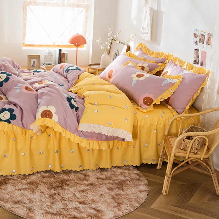 91家纺网 家纺一手货源 找家纺 纽缦 2020新款加厚磨毛床裙款四件套 楚楚花颜豆沙