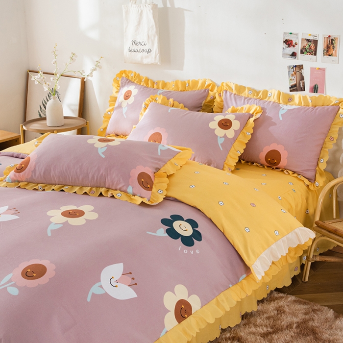 91家纺网 家纺一手货源 找家纺 纽缦 2020新款加厚磨毛床裙款四件套 楚楚花颜豆沙