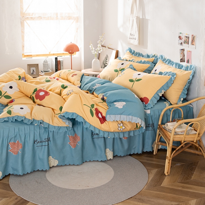 91家纺网 家纺一手货源 找家纺 纽缦 2020新款加厚磨毛床裙款四件套 春风里