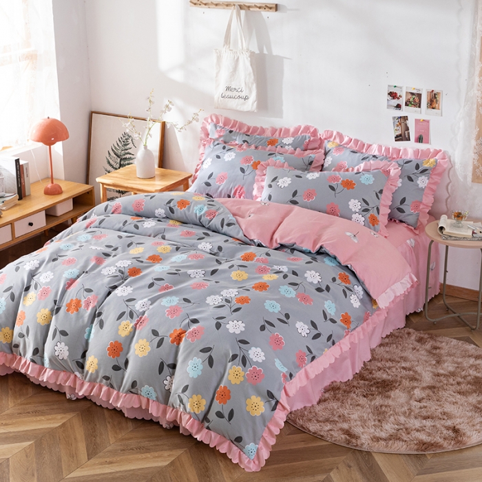 91家纺网 家纺一手货源 找家纺 纽缦 2020新款加厚磨毛床裙款四件套 豆蔻年华