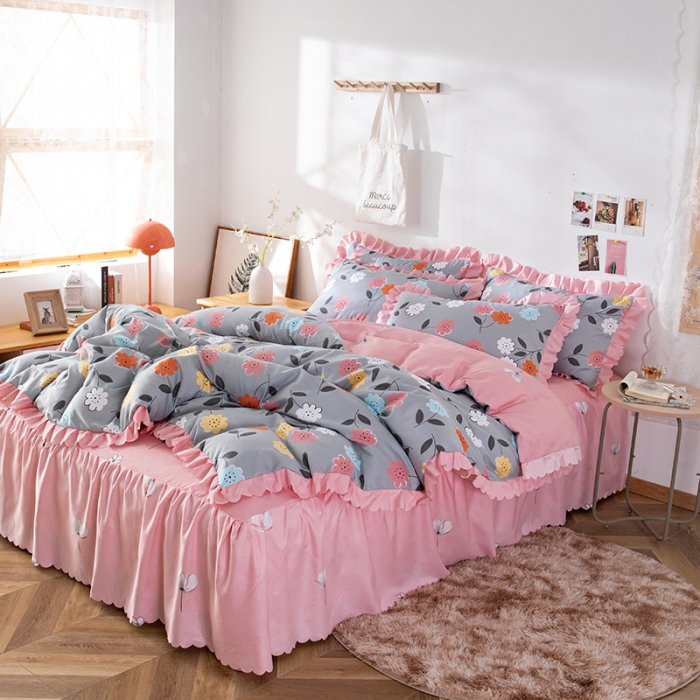 91家纺网 家纺一手货源 找家纺 纽缦 2020新款加厚磨毛床裙款四件套 豆蔻年华