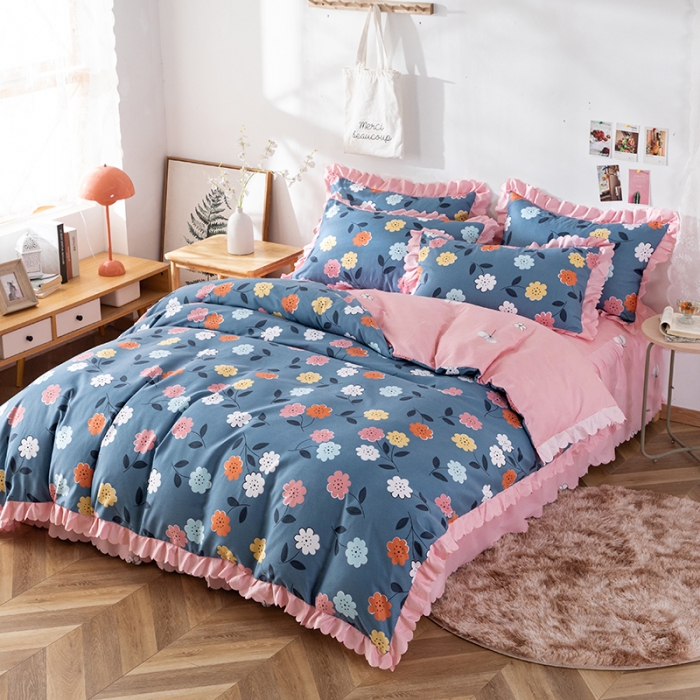 91家纺网 家纺一手货源 找家纺 纽缦 2020新款加厚磨毛床裙款四件套 豆蔻年华蓝