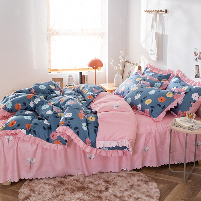 91家纺网 家纺一手货源 找家纺 纽缦 2020新款加厚磨毛床裙款四件套 豆蔻年华蓝