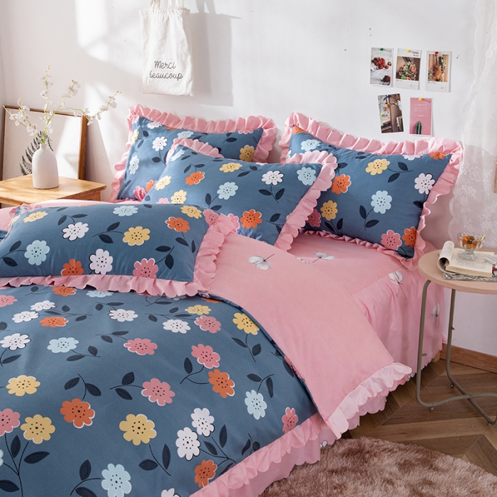 91家纺网 家纺一手货源 找家纺 纽缦 2020新款加厚磨毛床裙款四件套 豆蔻年华蓝