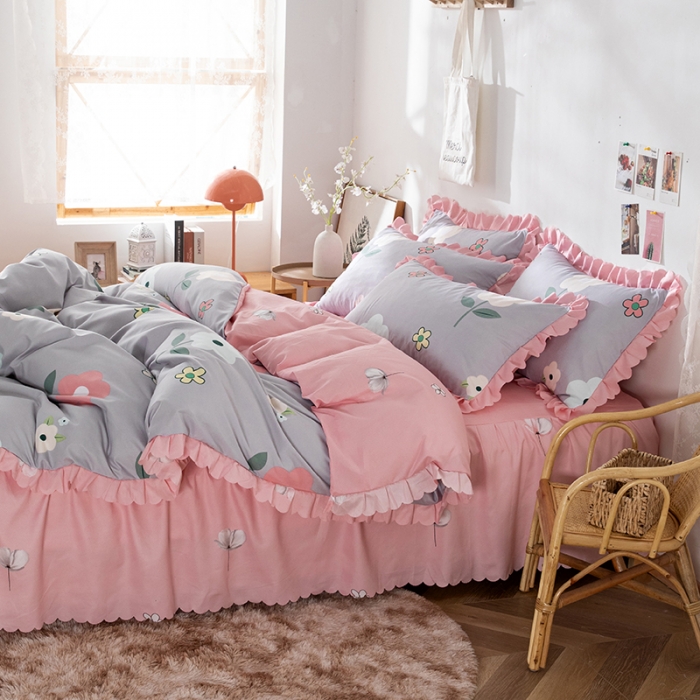 91家纺网 家纺一手货源 找家纺 纽缦 2020新款加厚磨毛床裙款四件套 芳菲年华