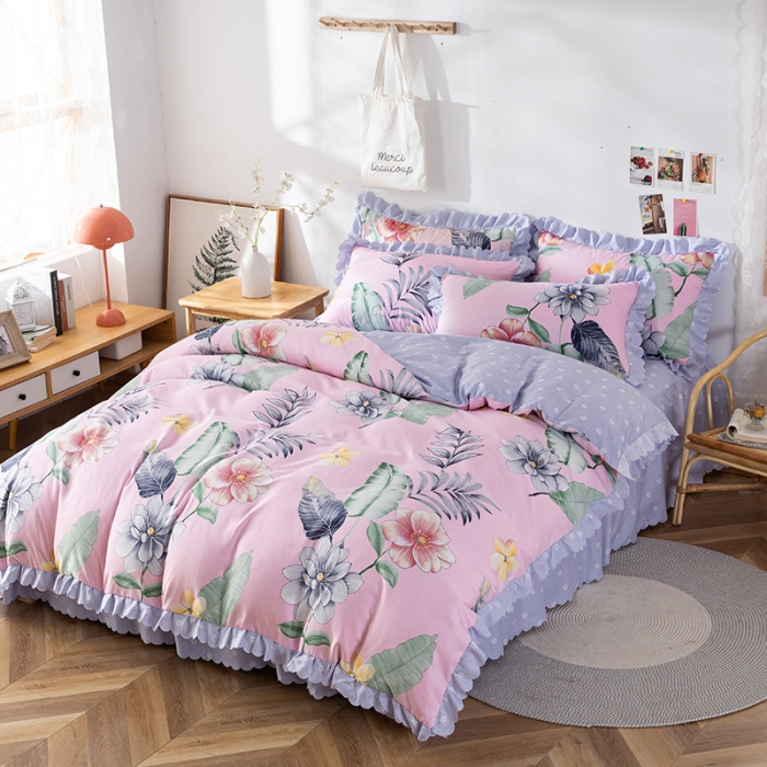 91家纺网 家纺一手货源 找家纺 纽缦 2020新款加厚磨毛床裙款四件套 梦幻花田粉