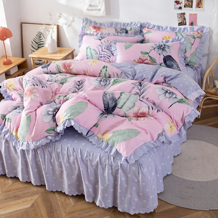 91家纺网 家纺一手货源 找家纺 纽缦 2020新款加厚磨毛床裙款四件套 梦幻花田粉