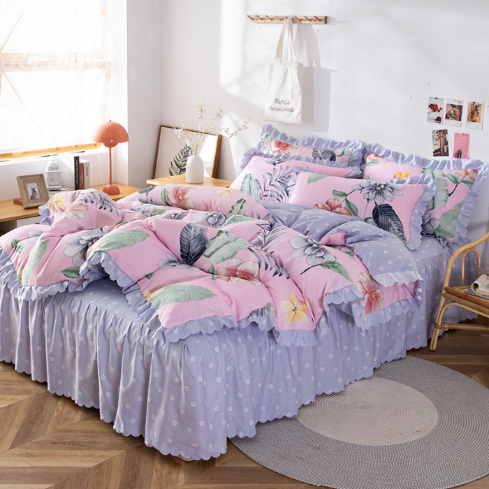 91家纺网 家纺一手货源 找家纺 纽缦 2020新款加厚磨毛床裙款四件套 梦幻花田粉