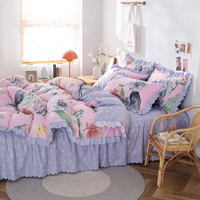 91家纺网 家纺一手货源 找家纺 纽缦 2020新款加厚磨毛床裙款四件套 梦幻花田粉