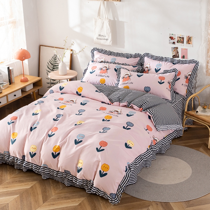 91家纺网 家纺一手货源 找家纺 纽缦 2020新款加厚磨毛床裙款四件套 梦想秀粉