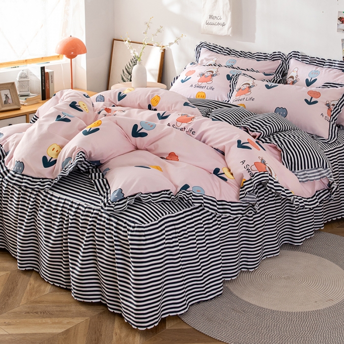 91家纺网 家纺一手货源 找家纺 纽缦 2020新款加厚磨毛床裙款四件套 梦想秀粉