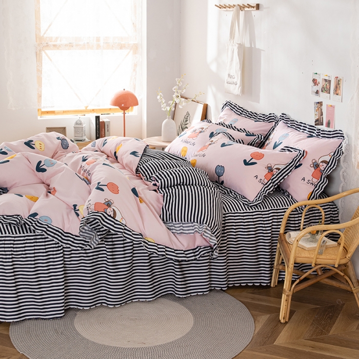 91家纺网 家纺一手货源 找家纺 纽缦 2020新款加厚磨毛床裙款四件套 梦想秀粉