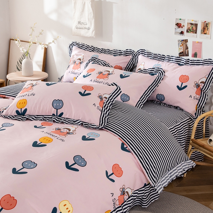 91家纺网 家纺一手货源 找家纺 纽缦 2020新款加厚磨毛床裙款四件套 梦想秀粉