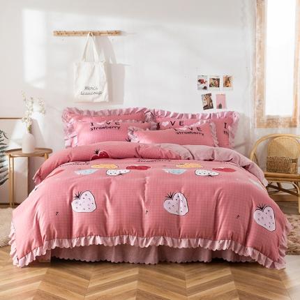 91家纺网 家纺一手货源 找家纺 纽缦 2020新款加厚磨毛床裙款四件套 迷情草莓