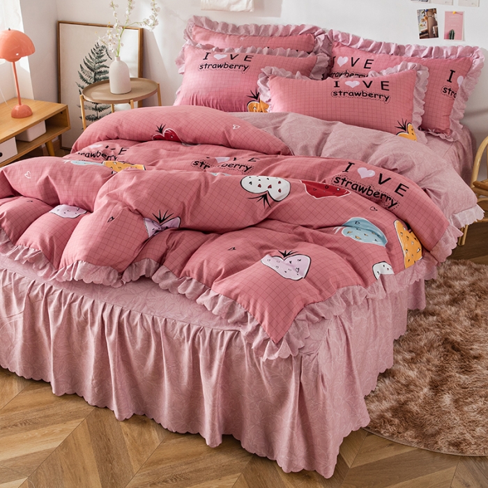 91家纺网 家纺一手货源 找家纺 纽缦 2020新款加厚磨毛床裙款四件套 迷情草莓