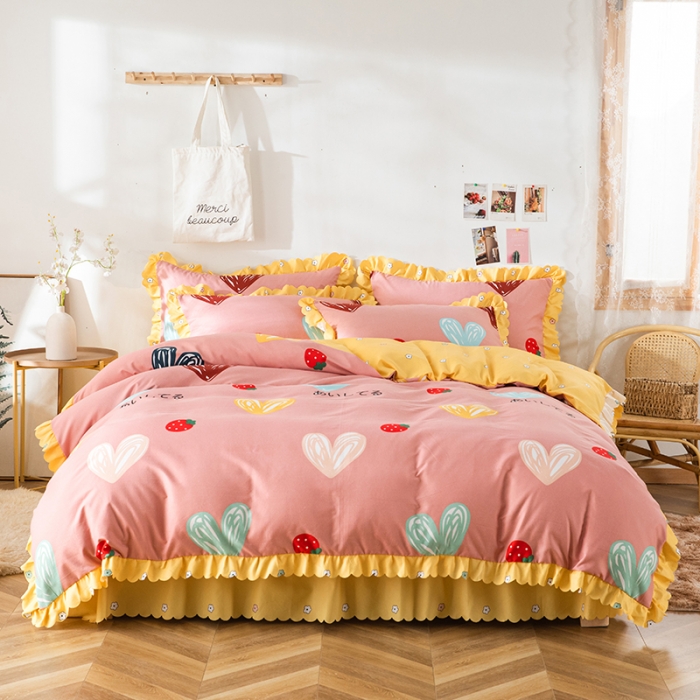 91家纺网 家纺一手货源 找家纺 纽缦 2020新款加厚磨毛床裙款四件套 甜甜爱粉