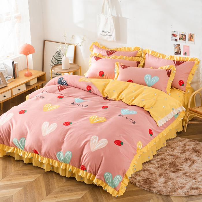 91家纺网 家纺一手货源 找家纺 纽缦 2020新款加厚磨毛床裙款四件套 甜甜爱粉