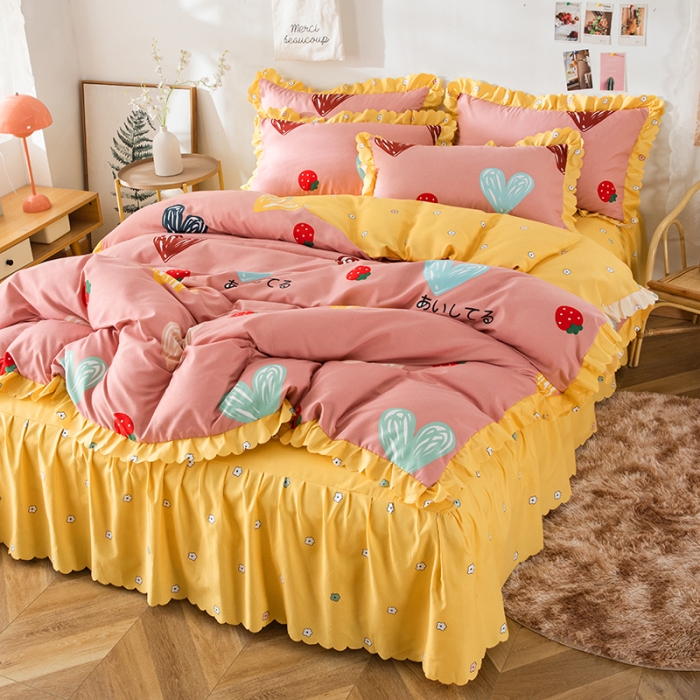 91家纺网 家纺一手货源 找家纺 纽缦 2020新款加厚磨毛床裙款四件套 甜甜爱粉