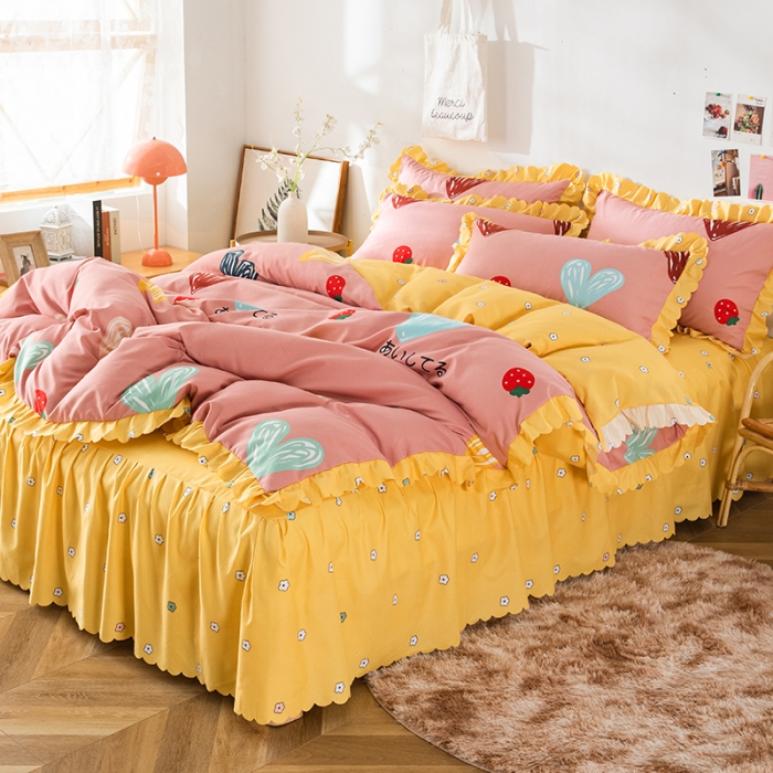 91家纺网 家纺一手货源 找家纺 纽缦 2020新款加厚磨毛床裙款四件套 甜甜爱粉