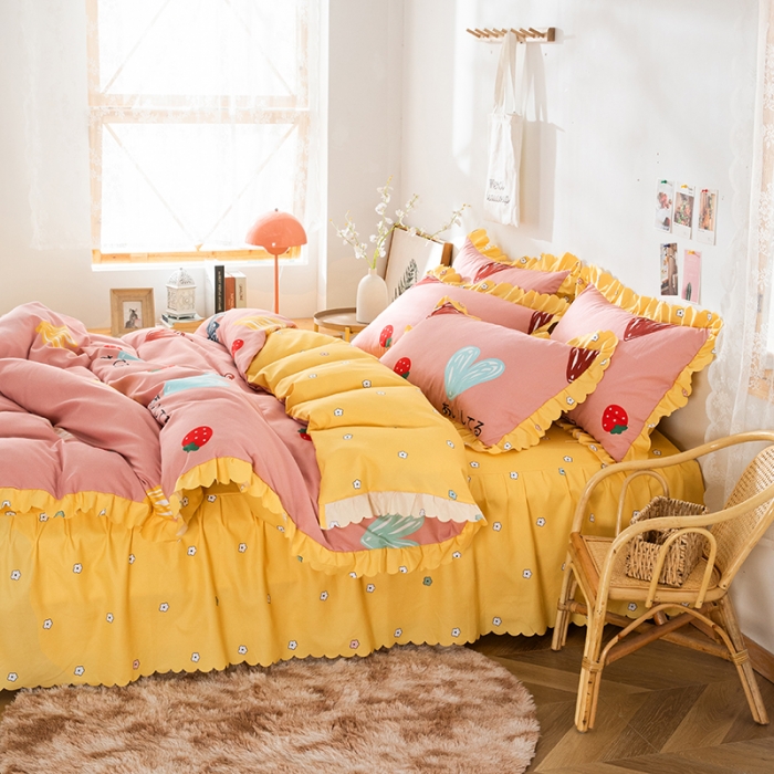 91家纺网 家纺一手货源 找家纺 纽缦 2020新款加厚磨毛床裙款四件套 甜甜爱粉