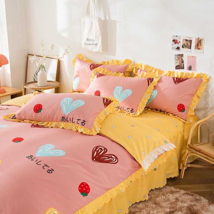 91家纺网 家纺一手货源 找家纺 纽缦 2020新款加厚磨毛床裙款四件套 甜甜爱粉