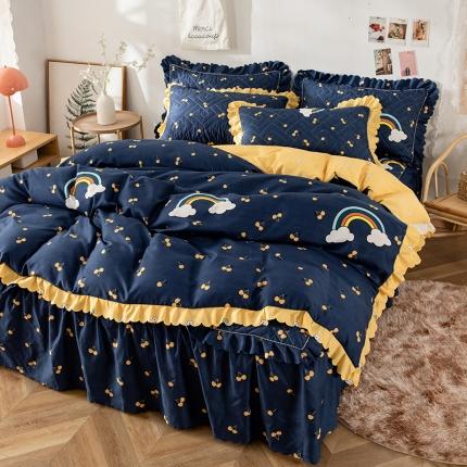 纽缦 2020新款加厚磨毛夹棉床裙款四件套 彩虹小镇