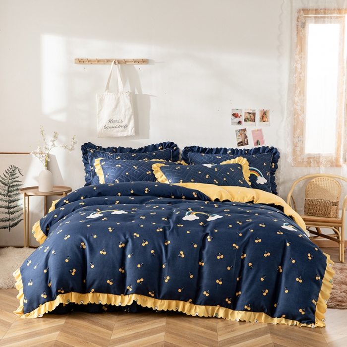 91家纺网 家纺一手货源 找家纺 纽缦 2020新款加厚磨毛夹棉床裙款四件套 彩虹小镇