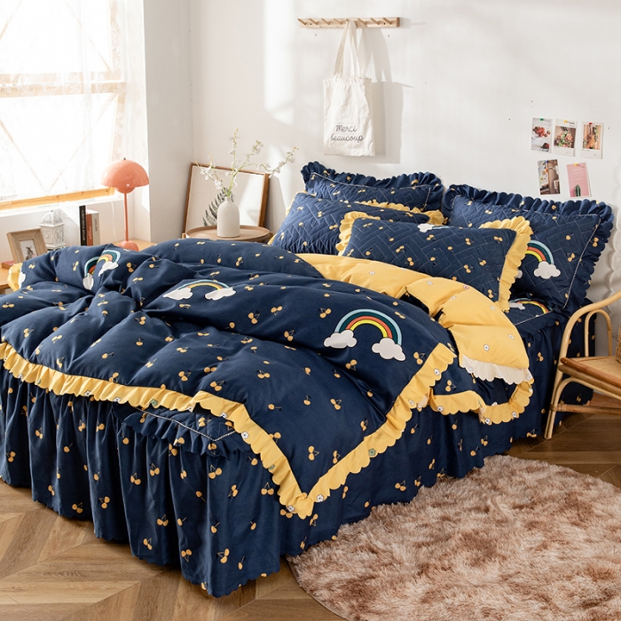 91家纺网 家纺一手货源 找家纺 纽缦 2020新款加厚磨毛夹棉床裙款四件套 彩虹小镇