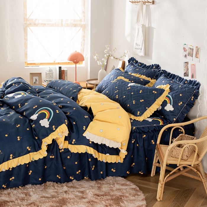 91家纺网 家纺一手货源 找家纺 纽缦 2020新款加厚磨毛夹棉床裙款四件套 彩虹小镇