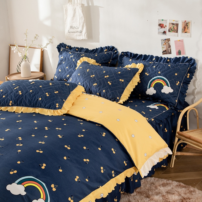 91家纺网 家纺一手货源 找家纺 纽缦 2020新款加厚磨毛夹棉床裙款四件套 彩虹小镇