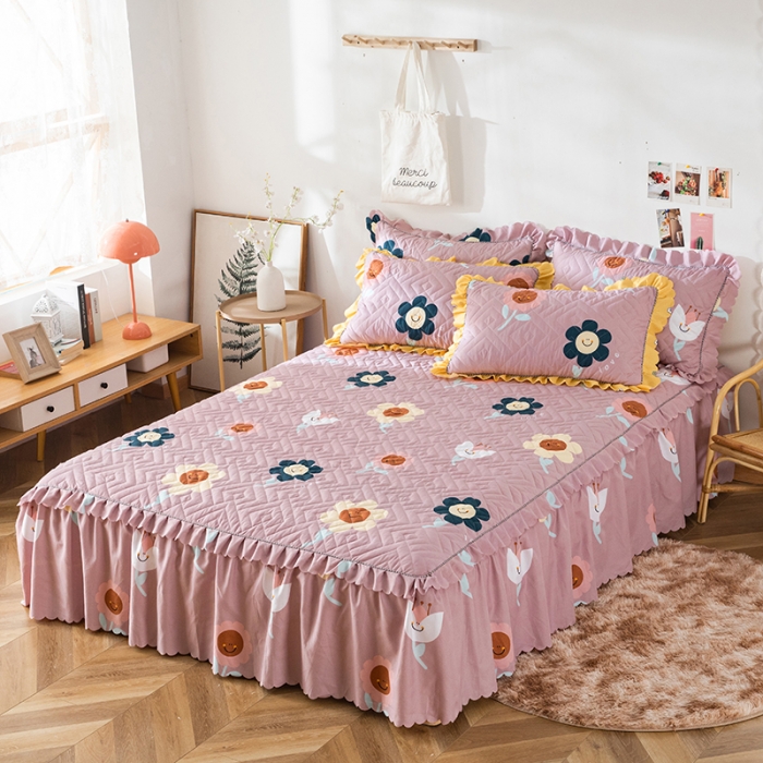 91家纺网 家纺一手货源 找家纺 纽缦 2020新款加厚磨毛夹棉床裙款四件套 楚楚花颜豆沙