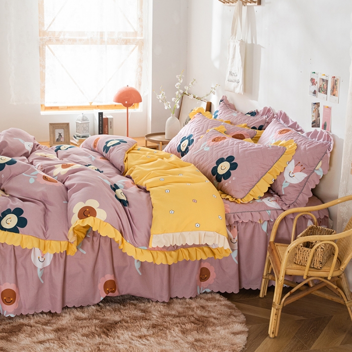 91家纺网 家纺一手货源 找家纺 纽缦 2020新款加厚磨毛夹棉床裙款四件套 楚楚花颜豆沙