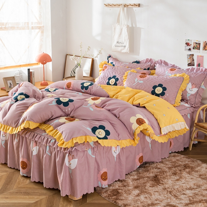 91家纺网 家纺一手货源 找家纺 纽缦 2020新款加厚磨毛夹棉床裙款四件套 楚楚花颜豆沙