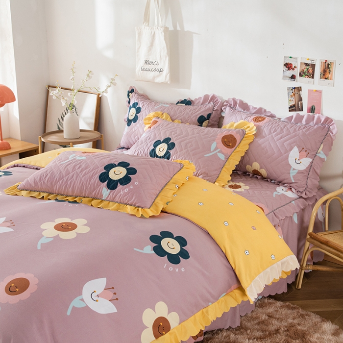 91家纺网 家纺一手货源 找家纺 纽缦 2020新款加厚磨毛夹棉床裙款四件套 楚楚花颜豆沙