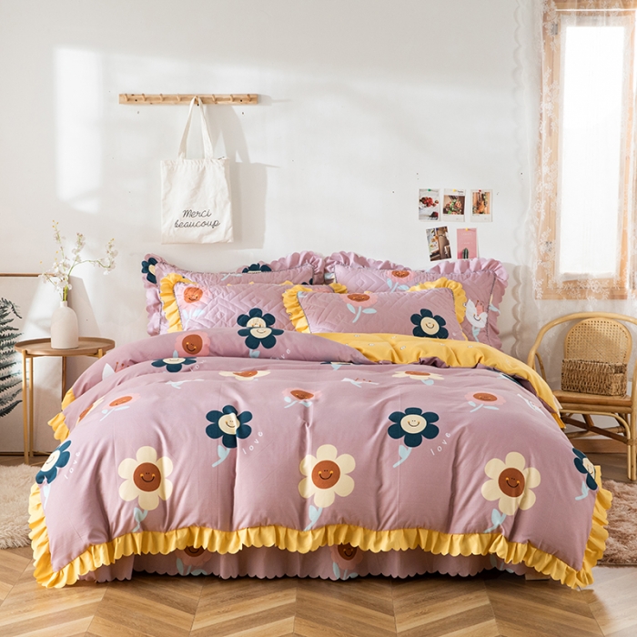 91家纺网 家纺一手货源 找家纺 纽缦 2020新款加厚磨毛夹棉床裙款四件套 楚楚花颜豆沙