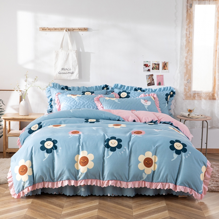 91家纺网 家纺一手货源 找家纺 纽缦 2020新款加厚磨毛夹棉床裙款四件套 楚楚花颜蓝