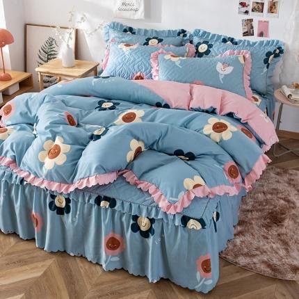 纽缦 2020新款加厚磨毛夹棉床裙款四件套 楚楚花颜蓝