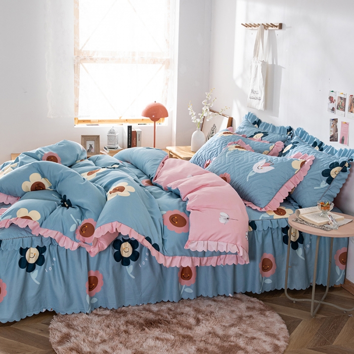 91家纺网 家纺一手货源 找家纺 纽缦 2020新款加厚磨毛夹棉床裙款四件套 楚楚花颜蓝