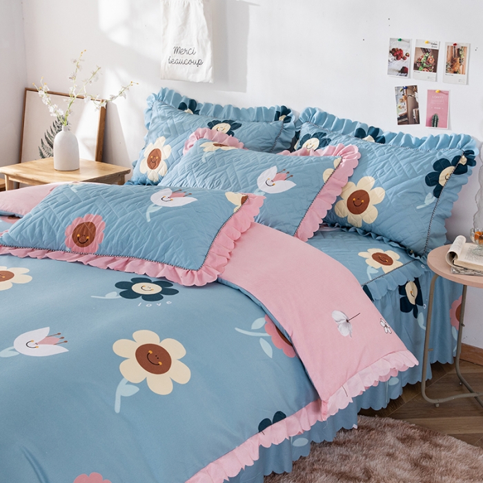 91家纺网 家纺一手货源 找家纺 纽缦 2020新款加厚磨毛夹棉床裙款四件套 楚楚花颜蓝