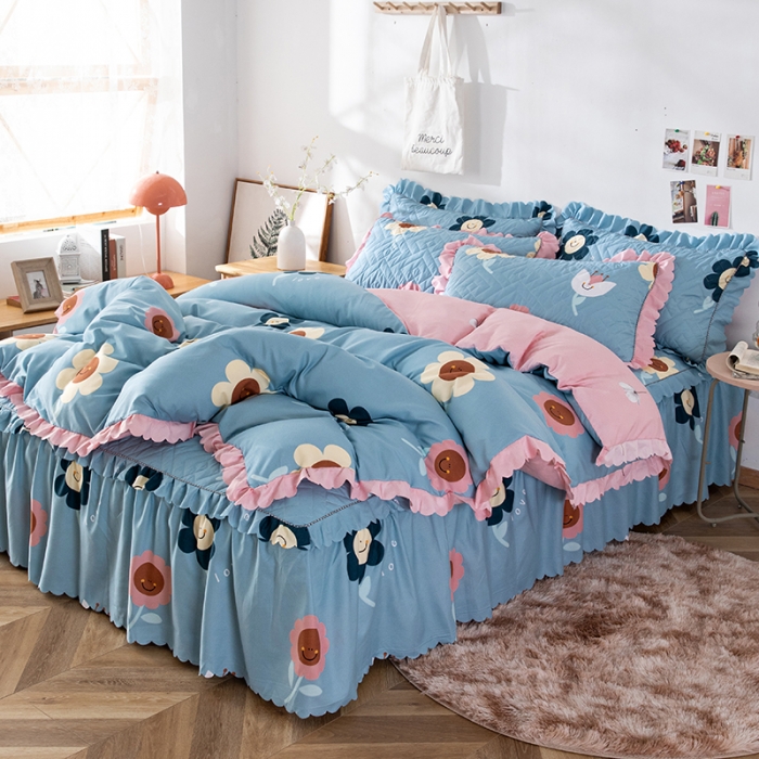 91家纺网 家纺一手货源 找家纺 纽缦 2020新款加厚磨毛夹棉床裙款四件套 楚楚花颜蓝