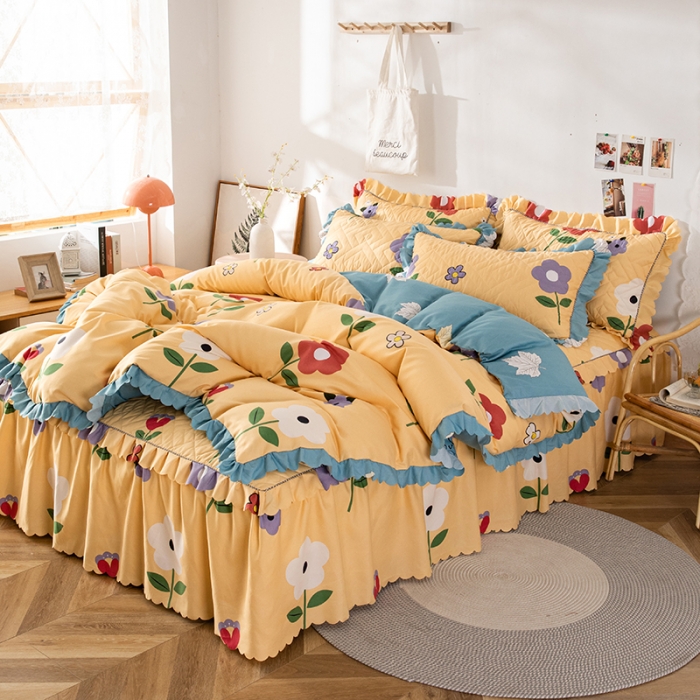 91家纺网 家纺一手货源 找家纺 纽缦 2020新款加厚磨毛夹棉床裙款四件套 春风里