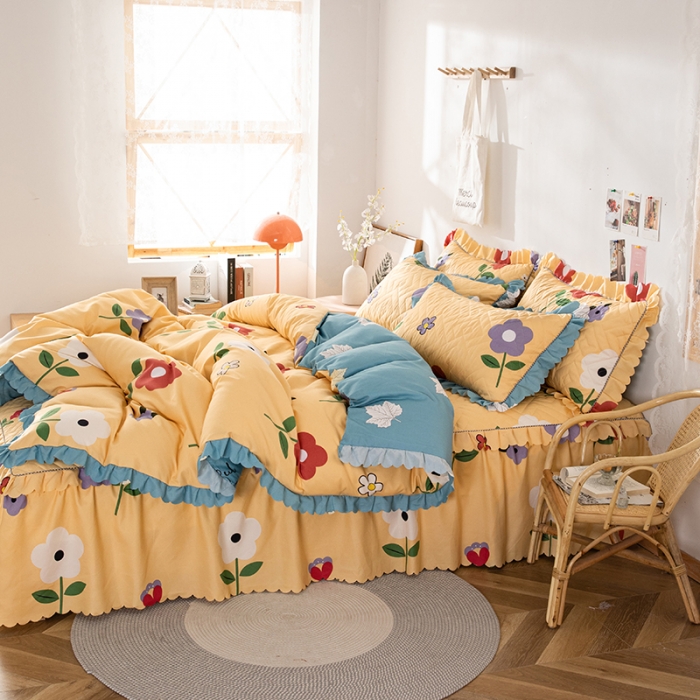 91家纺网 家纺一手货源 找家纺 纽缦 2020新款加厚磨毛夹棉床裙款四件套 春风里