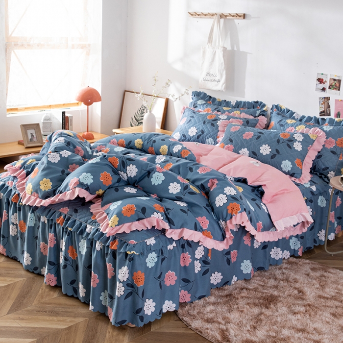 91家纺网 家纺一手货源 找家纺 纽缦 2020新款加厚磨毛夹棉床裙款四件套 豆蔻年华蓝