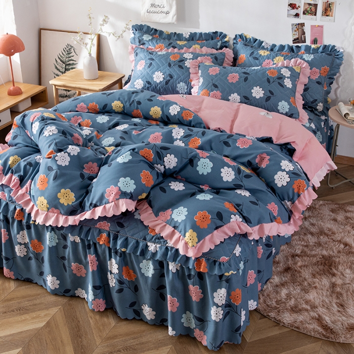 91家纺网 家纺一手货源 找家纺 纽缦 2020新款加厚磨毛夹棉床裙款四件套 豆蔻年华蓝