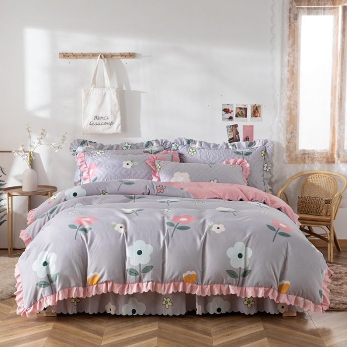 91家纺网 家纺一手货源 找家纺 纽缦 2020新款加厚磨毛夹棉床裙款四件套 芳菲年华