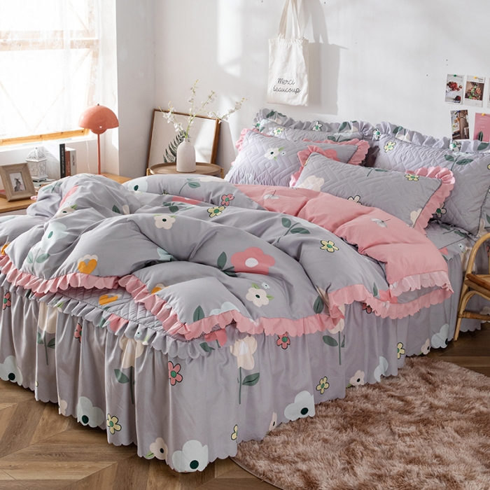 91家纺网 家纺一手货源 找家纺 纽缦 2020新款加厚磨毛夹棉床裙款四件套 芳菲年华