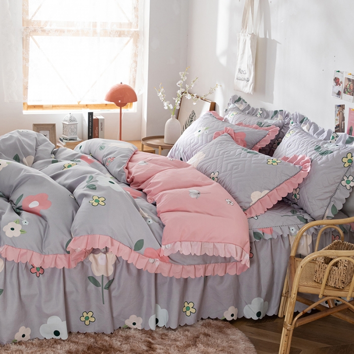 91家纺网 家纺一手货源 找家纺 纽缦 2020新款加厚磨毛夹棉床裙款四件套 芳菲年华