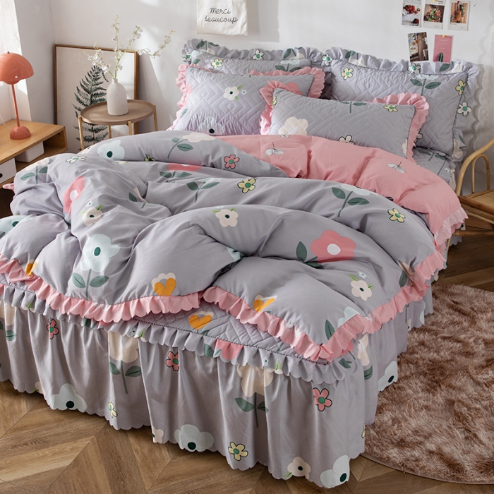 91家纺网 家纺一手货源 找家纺 纽缦 2020新款加厚磨毛夹棉床裙款四件套 芳菲年华