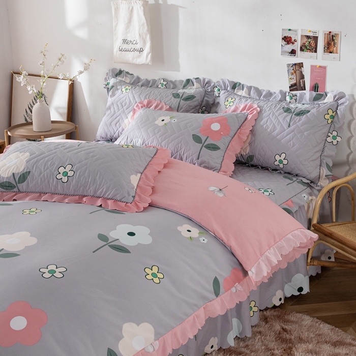 91家纺网 家纺一手货源 找家纺 纽缦 2020新款加厚磨毛夹棉床裙款四件套 芳菲年华